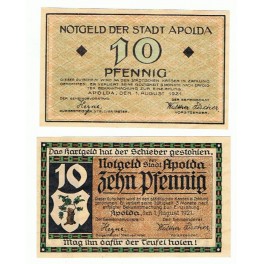 ALEMANIA LOTE 2 NOTGELD 10 PFENNIG 1921 APOLDA